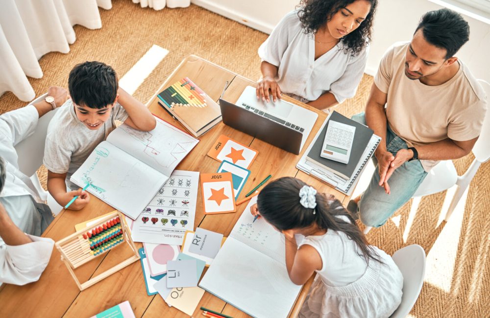 Education, learning and family together with homework, academic material and children study, people.