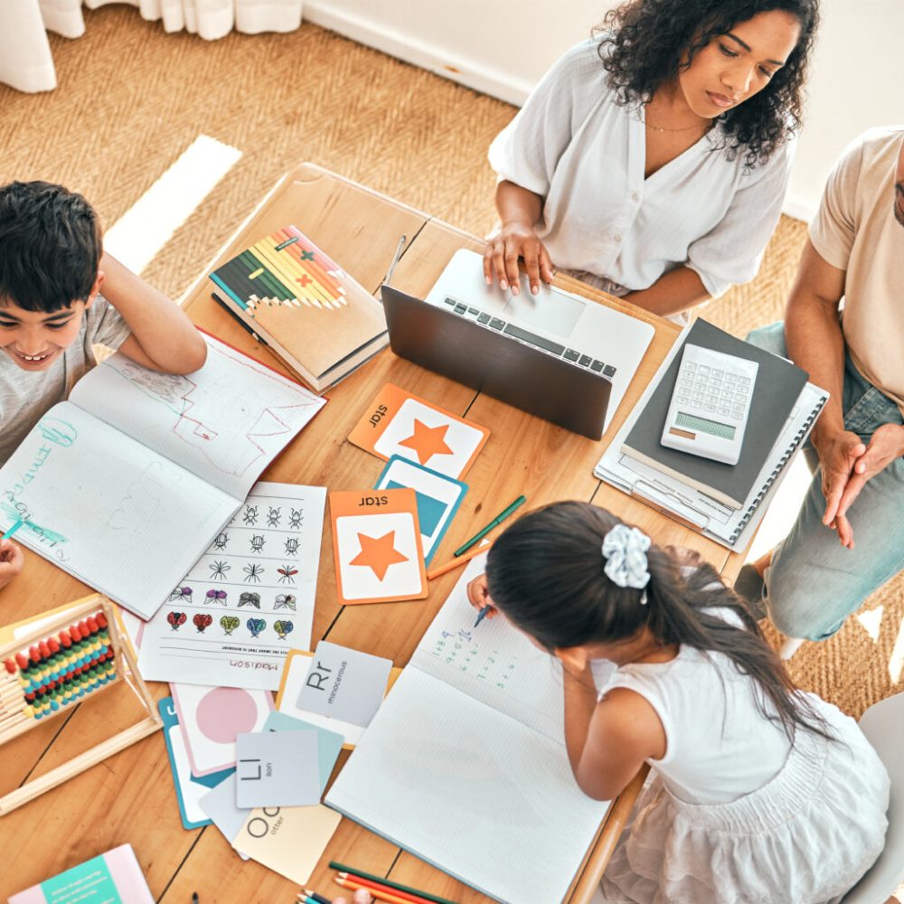 Education, learning and family together with homework, academic material and children study, people.